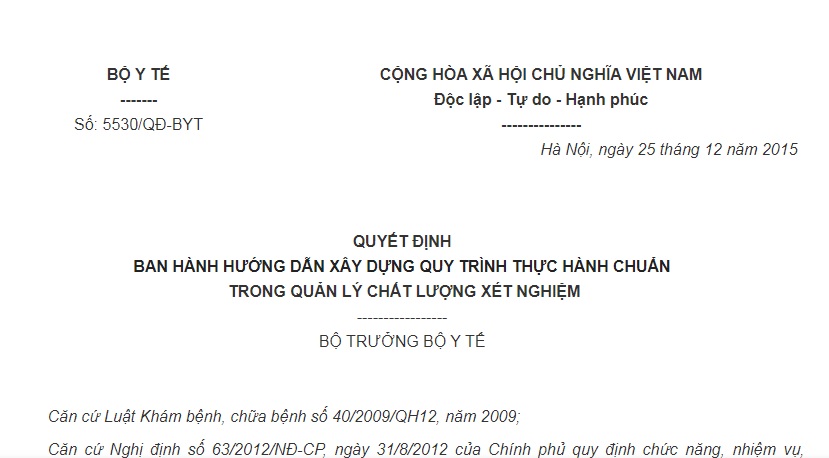 Quyết Định 5530/QĐ-BYT của Bộ Y tế về việc ban hành hướng dẫn thực hành chuẩn trong quản lý chất lượng xét nghiệm