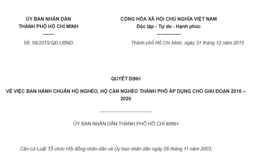 Quyết định 58/2015/QĐ-UBND Hồ Chí Minh về chuẩn hộ nghèo, hộ cận nghèo giai đoạn 2016-2020
