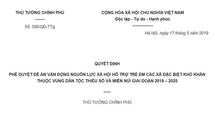 Quyết định 588/QĐ-TTg 2019 đề án hỗ trợ trẻ em các xã đặc biệt khó khăn