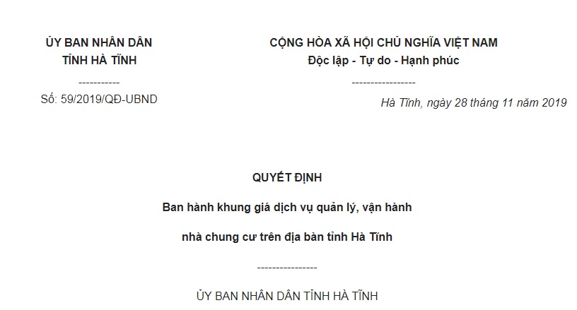 Quyết Định 59/2019/QĐ-UBND Hà Tĩnh khung giá dịch vụ quản lý, vận hành nhà chung cư