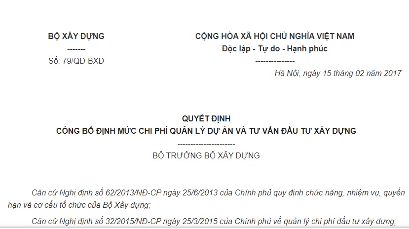 Quyết Định 79/QĐ-BXD về việc công bố Định mức chi phí quản lý dự án và tư vấn đầu tư xây dựng