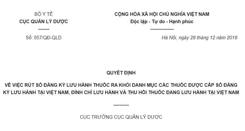 Quyết Định 857/QĐ-QLD 2018 rút số đăng ký lưu hành, đình chỉ lưu hành, thu hồi thuốc đang lưu hành tại Việt Nam