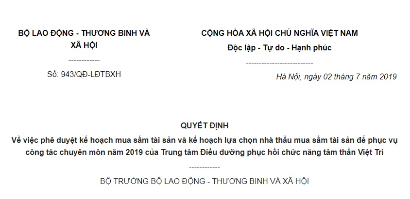 Quyết Định 943/QĐ-LĐTBXH 2019 về kế hoạch mua sắm tài sản 2019