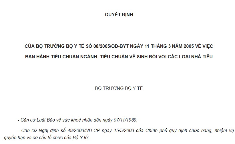 Quyết định 08/2005/QĐ-BYT về việc ban hành Tiêu chuẩn ngành: Tiêu chuẩn vệ sinh đối với các loại nhà tiêu