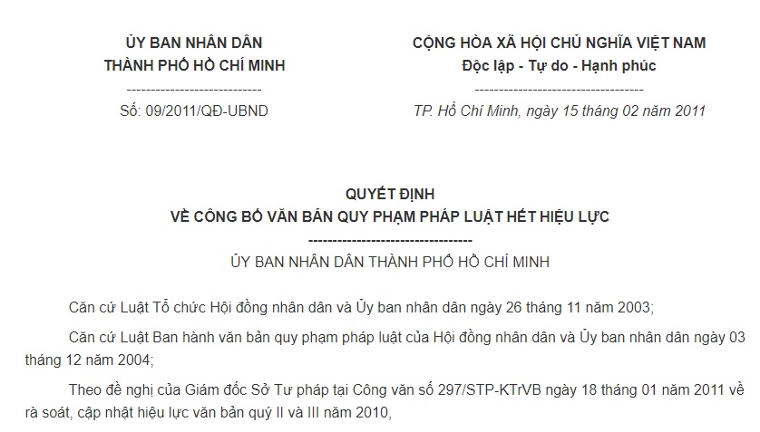 Quyết định 09/2011/QĐ-UBND của Ủy ban Nhân dân Thành phố Hồ Chí Minh về công bố văn bản quy phạm pháp luật hết hiệu lực