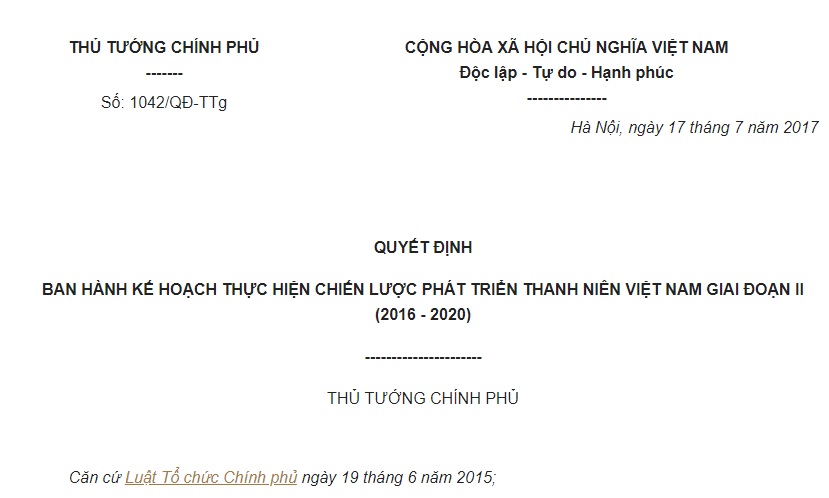 Quyết định 1042/QĐ-TTg 2017 Kế hoạch Chiến lược phát triển thanh niên Việt Nam