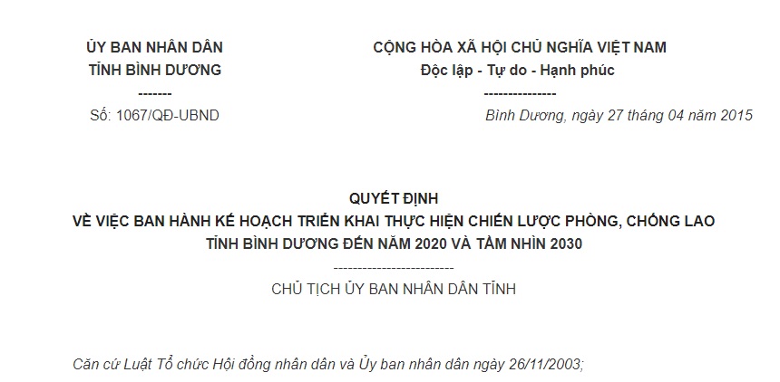 Quyết định 1067/QĐ-UBND về việc ban hành Kế hoạch triển khai thực hiện Chiến lược phòng, chống lao tỉnh Bình Dương