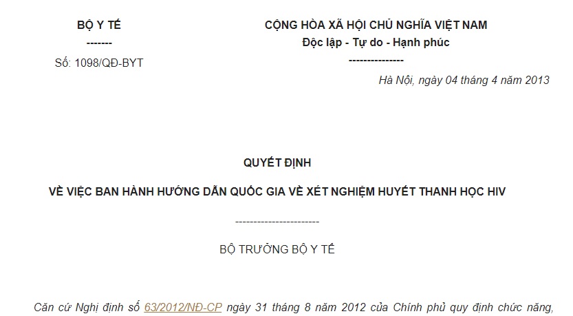 Quyết định 1098/QĐ-BYT 2018 ban hành Hướng dẫn quốc gia về xét nghiệm huyết thanh học HIV