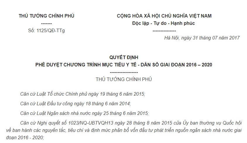 Quyết định 1125/QĐ-TTg 2017 Chương trình mục tiêu Y tế – Dân số giai đoạn 2016-2020