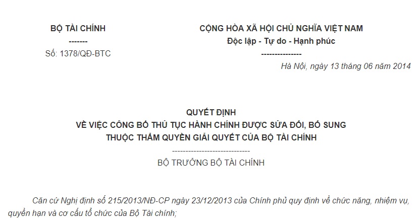 Quyết định 1378/QĐ-BTC về việc công bố thủ tục hành chính được sửa đổi, bổ sung thuộc thẩm quyền giải quyết của Bộ Tài chính