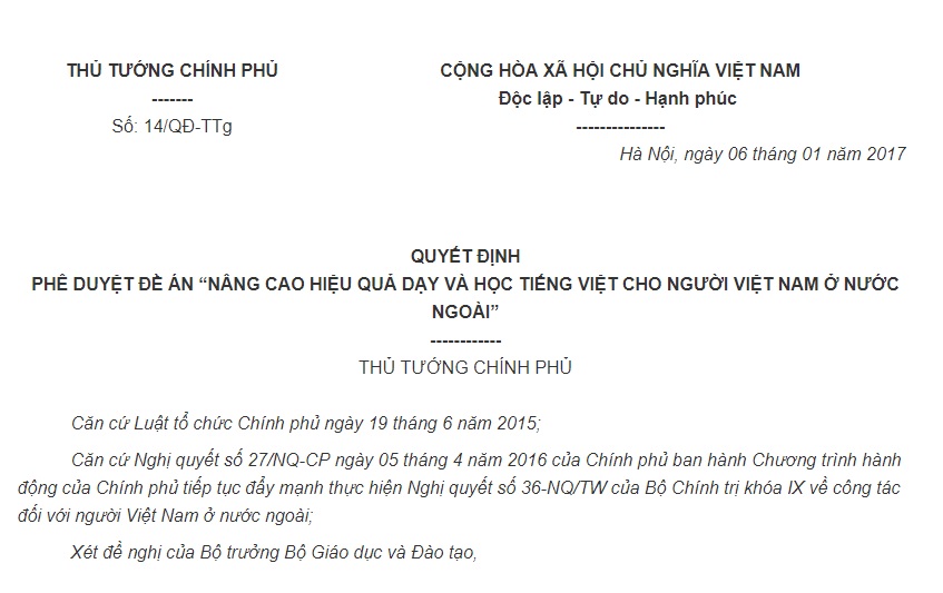 Quyết định 14/QĐ-TTg về việc phê duyệt Đề án Nâng cao hiệu quả dạy và học tiếng Việt cho người Việt Nam ở nước ngoài