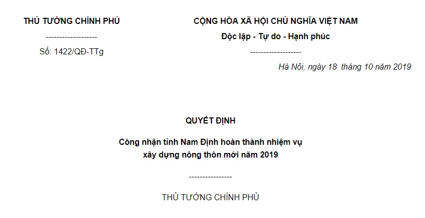Quyết định 1422/QĐ-TTg 2019 công nhận tỉnh Nam Định hoàn thành xây dựng nông thôn mới