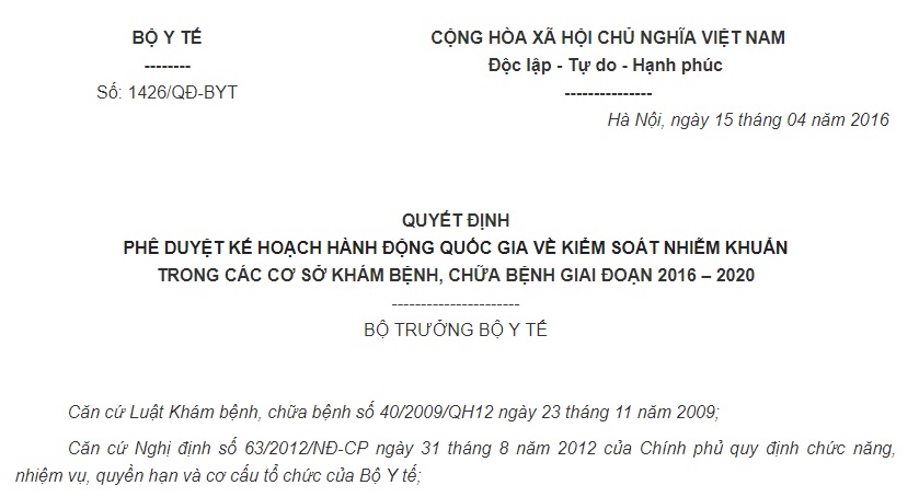 Quyết định 1426/QĐ-BYT 2016 về kiểm soát nhiễm khuẩn trong các cơ sở khám chữa bệnh