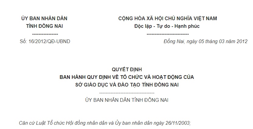 Quyết định 16/2012/QĐ-UBND Đồng Nai về tổ chức và hoạt động của Sở GDĐT Đồng Nai