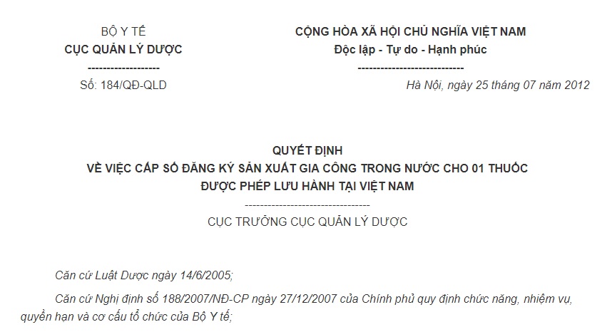 Quyết định 184/QĐ-QLD của Cục Quản lý Dược về việc cấp số đăng ký sản xuất gia công trong nước