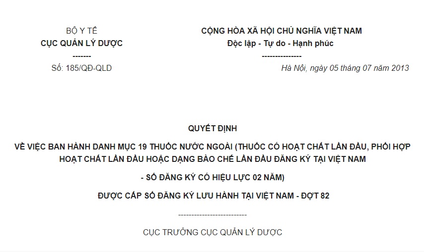 Quyết định 185/QĐ-QLD về việc ban hành danh mục 19 thuốc nước ngoài được cấp đăng ký lưu hành tại Việt Nam – Đợt 82