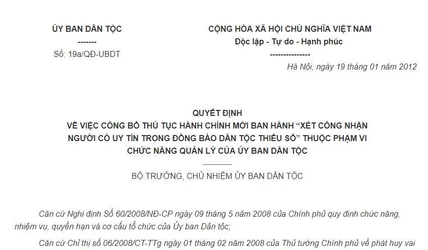 Quyết định 19a/QĐ-UBDT về việc công bố thủ tục hành chính xét công nhận người có uy tín trong đồng bào dân tộc thiểu số