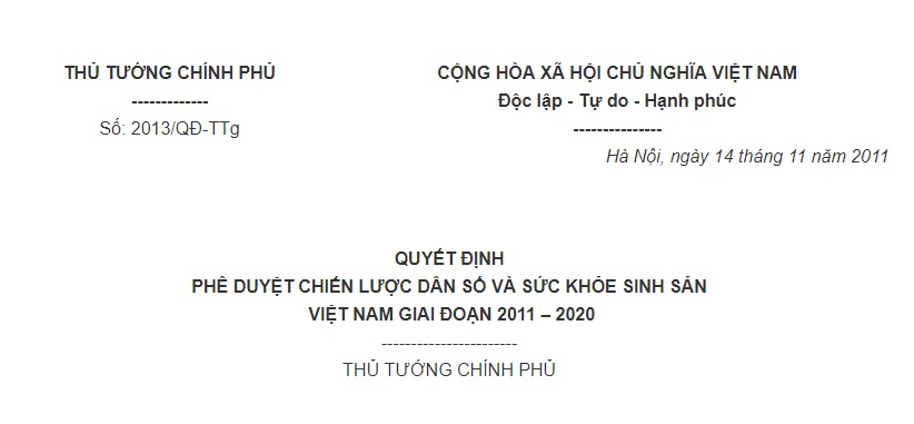 Quyết định 2013/QĐ-TTg của Thủ tướng Chính phủ về việc phê duyệt Chiến lược Dân số và Sức khỏe sinh sản Việt Nam giai đoạn 2011 – 2020