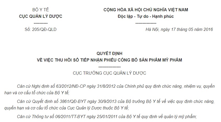 Quyết định 205/QĐ-QLD 2016 thu hồi số tiếp nhận Phiếu công bố sản phẩm mỹ phẩm