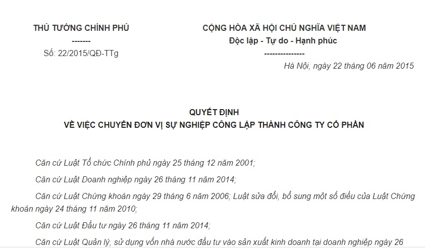 Quyết định 22/2015/QĐ-TTg của Thủ tướng Chính phủ về việc chuyển đơn vị sự nghiệp công lập thành công ty cổ phần