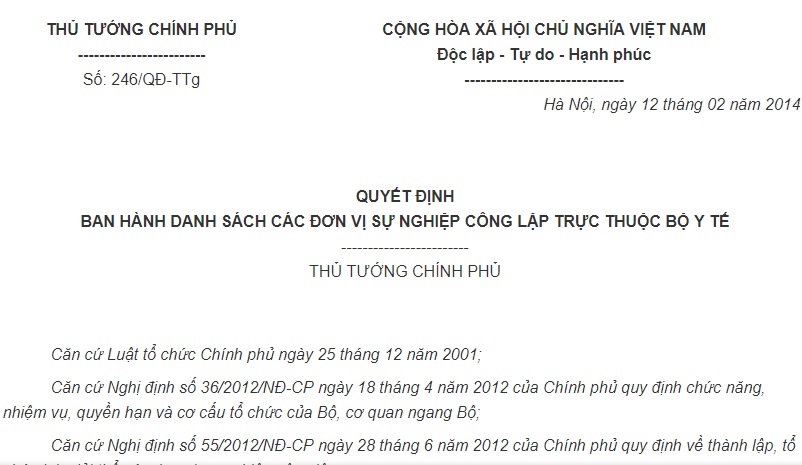 Quyết định 246/QĐ-TTg của Thủ tướng Chính phủ về việc ban hành danh sách các đơn vị sự nghiệp công lập trực thuộc Bộ Y tế