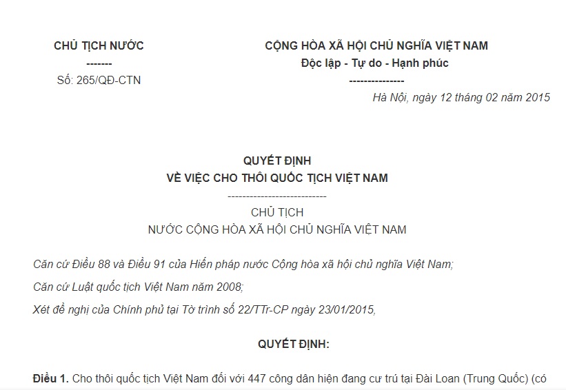 Quyết định 265/QĐ-CTN của Chủ tịch nước về việc cho thôi quốc tịch Việt Nam