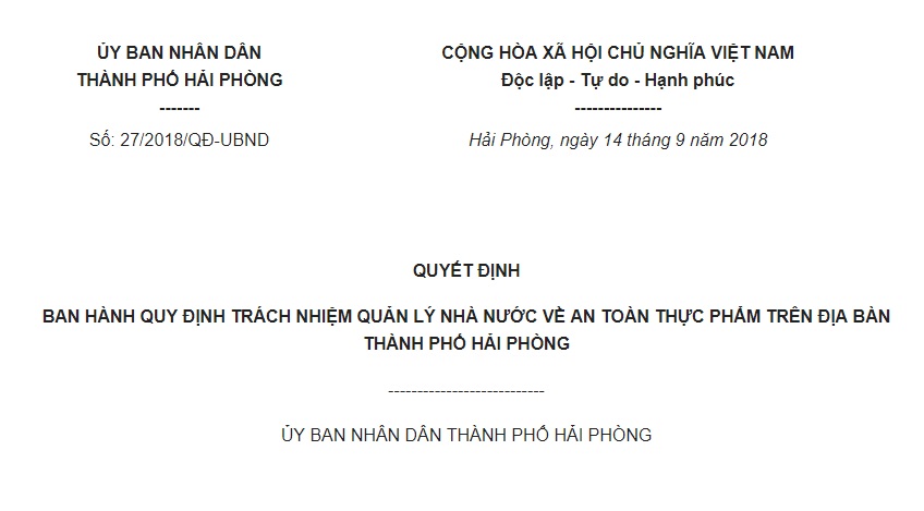 Quyết định 27/2018/QĐ-UBND Hải Phòng Quy định trách nhiệm quản lý Nhà nước về an toàn thực phẩm