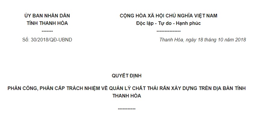 Quyết định 30/2018/QĐ-UBND Thanh Hóa Phân cấp quản lý chất thải rắn xây dựng