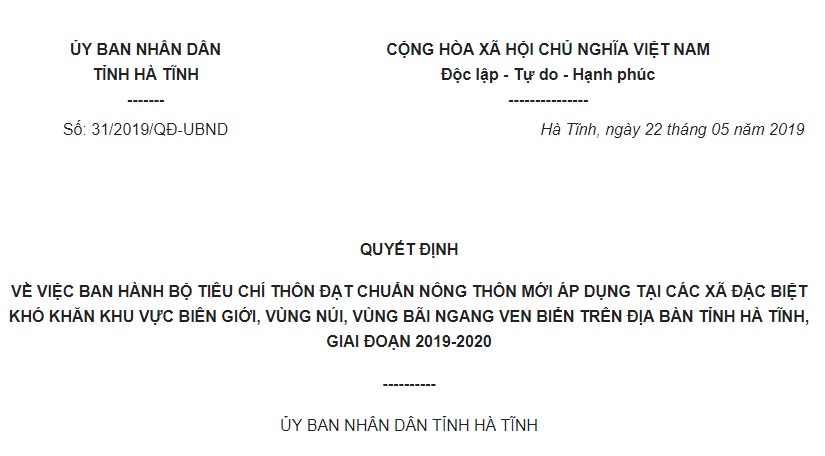 Quyết định 31/2019/QĐ-UBND Hà Tĩnh tiêu chí đạt chuẩn nông thôn mới của các xã khó khăn