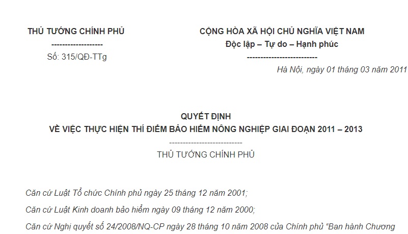 Quyết định 315/QĐ-TTg về việc thực hiện thí điểm bảo hiểm nông nghiệp giai đoạn 2011 – 2013