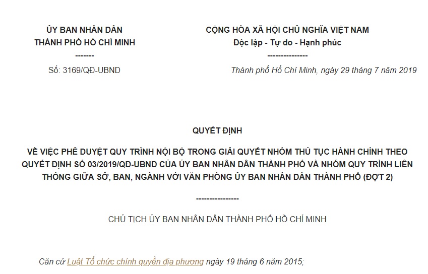 Quyết định 3169/QĐ-UBND HCM 2019 quy trình liên thông giữa sở, ban, ngành với Văn phòng UBND