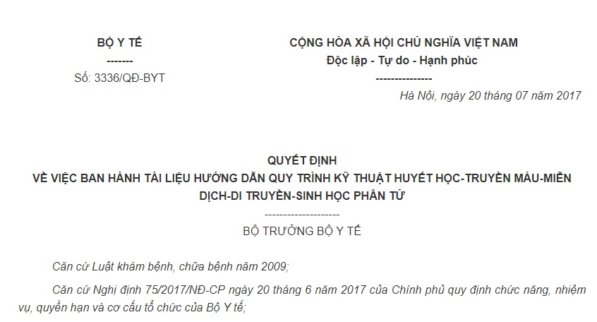 Quyết định 3336/QĐ-BYT 2017 Hướng dẫn quy trình kỹ thuật Huyết học – Truyền máu