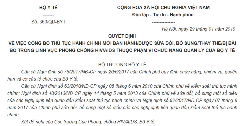 Quyết định 360/QĐ-BYT 2019 TTHC mới ban hành, sửa đổi lĩnh vực Phòng chống HIV/AIDS