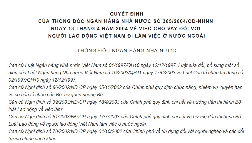 Quyết định 365/2004/QĐ-NHNN về việc cho vay đối với người lao động Việt Nam đi làm việc ở nước ngoài