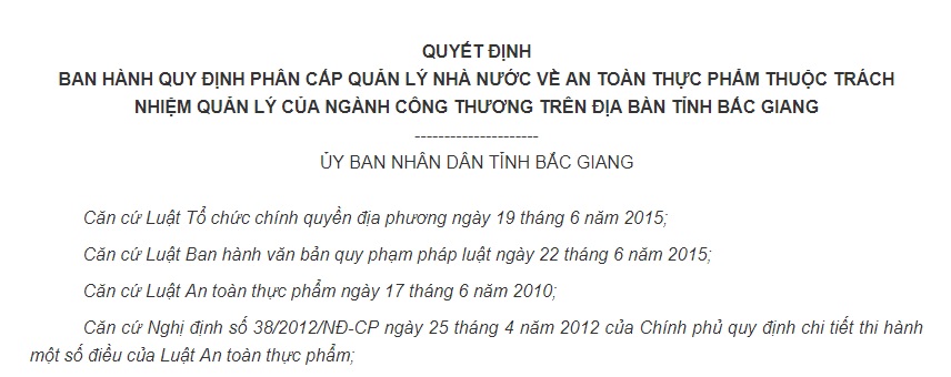 Quyết định 37/2017/QĐ-UBND Bắc Giang về ATTP thuộc trách nhiệm ngành Công Thương