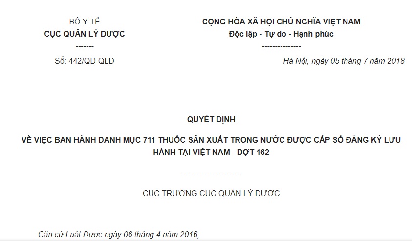 Quyết định 442/QĐ-QLD 2018 ban hành Danh mục 711 thuốc sản xuất trong nước được cấp số đăng ký lưu hành tại Việt Nam – Đợt 162