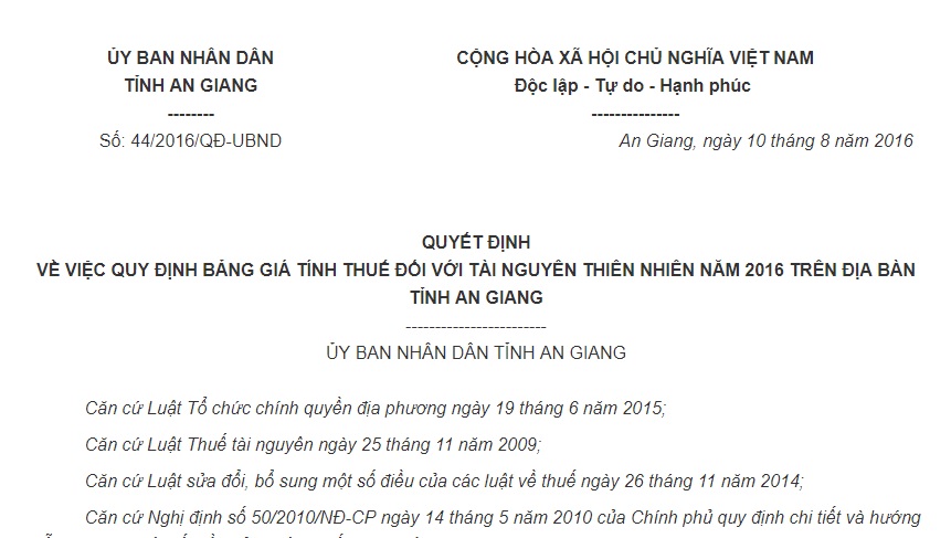 Quyết định 44/2016/QĐ-UBND An Giang Bảng giá tính thuế tài nguyên thiên nhiên