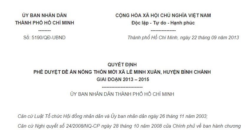 Quyết định 5190/QĐ-UBND về việc phê duyệt Đề án nông thôn mới xã Lê Minh Xuân, huyện Bình Chánh giai đoạn 2013 – 2015