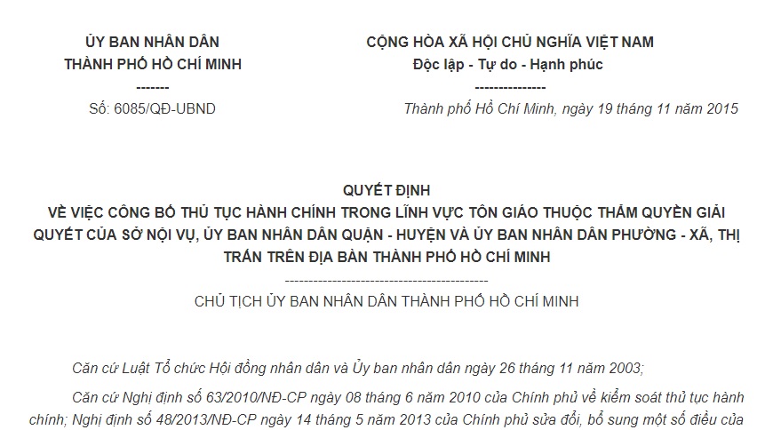 Quyết định 6085/QĐ-UBND về việc công bố thủ tục hành chính lĩnh vực Tôn giáo thuộc thẩm quyền giải quyết của Sở Nội vụ và Ủy ban nhân dân phường – xã địa bàn Thành phố Hồ Chí Minh
