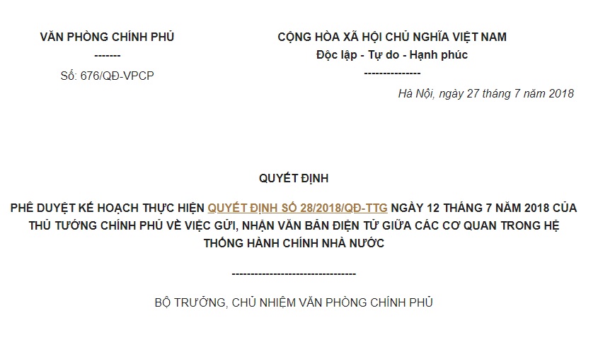 Quyết định 676/QĐ-VPCP 2018 thực hiện 28/2018/QĐ-TTg gửi, nhận văn bản điện tử giữa các cơ quan hành chính Nhà nước