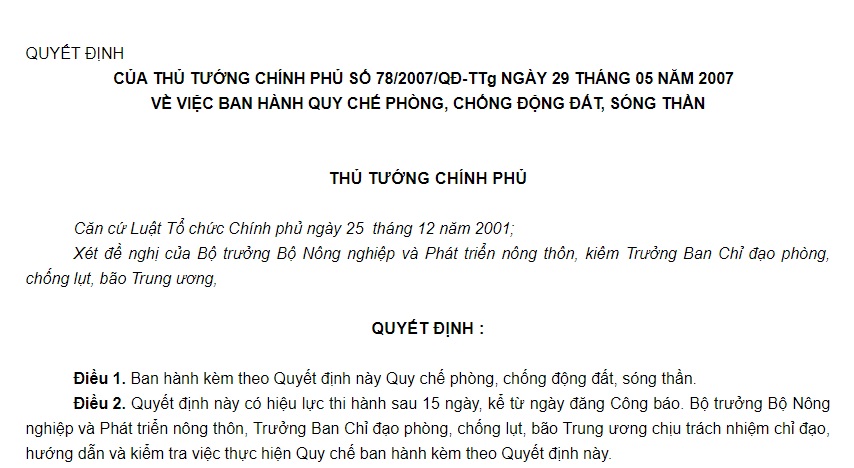 Quyết định 78/2007/QĐ-TTg của Thủ tướng Chính phủ về việc ban hành Quy chế phòng, chống động đất, sóng thần