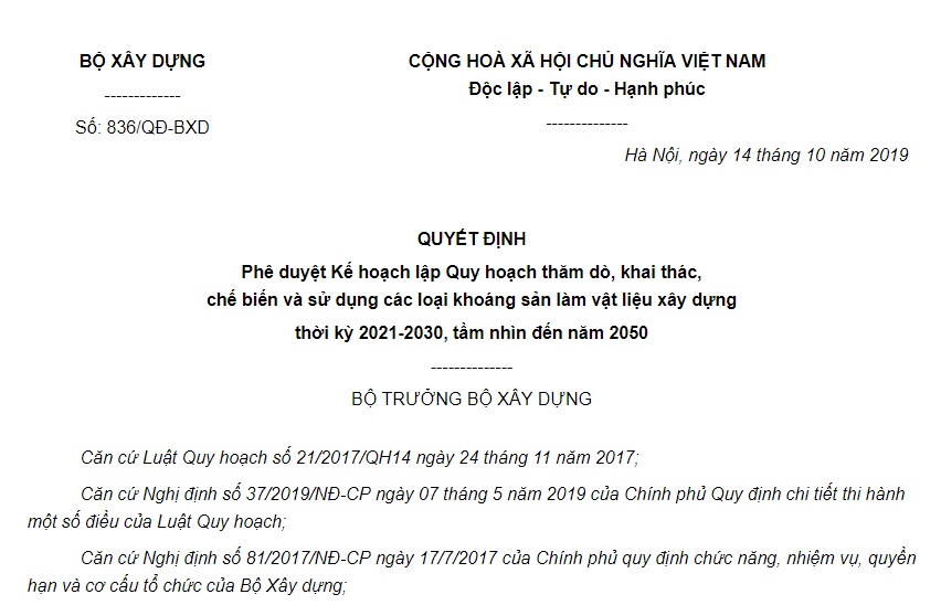 Quyết định 836/QĐ-BXD 2019 Quy hoạch thăm dò, khai thác khoáng sản làm vật liệu xây dựng