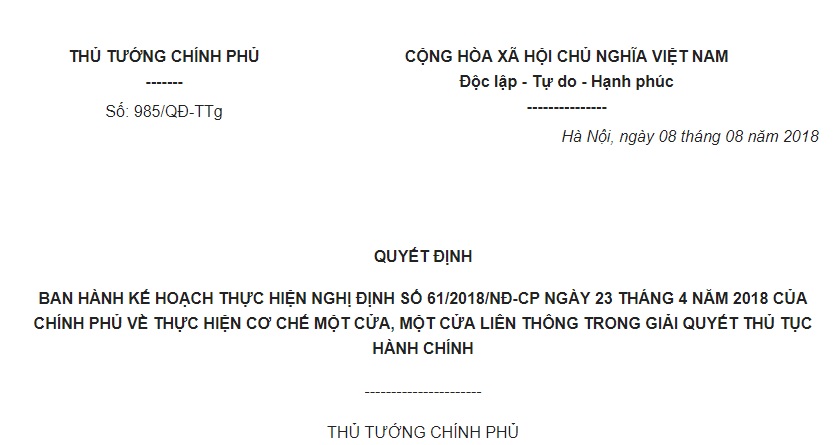 Quyết định 985/QĐ-TTg 2018 ban hành Kế hoạch thực hiện cơ chế một cửa, một cửa liên thông trong giải quyết thủ tục hành chính