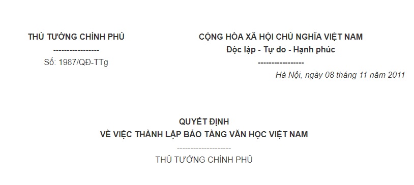 Quyết Định 1987/QĐ-TTg của Thủ tướng Chính phủ về việc thành lập Bảo tàng Văn học Việt Nam