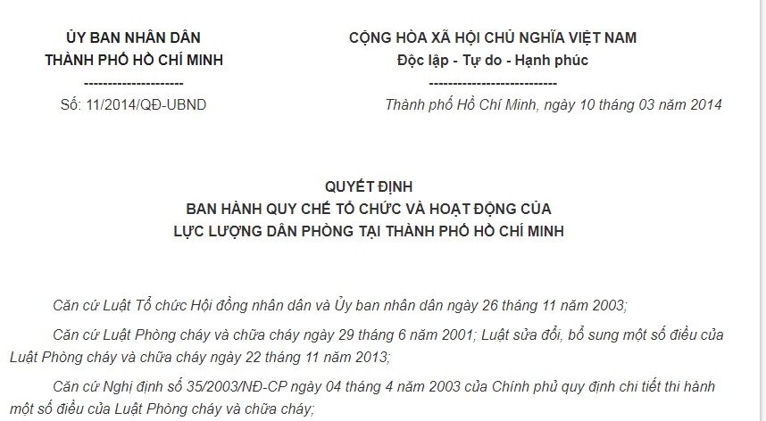 Quyết Định 11/2014/QĐ-UBND Hồ Chí Minh về việc ban hành Quy chế tổ chức và hoạt động của lực lượng dân phòng tại Thành phố Hồ Chí Minh