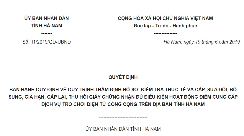 Quyết Định 11/2019/QĐ-UBND Hà Nam giấy chứng nhận đủ điều kiện cung cấp trò chơi điện tử