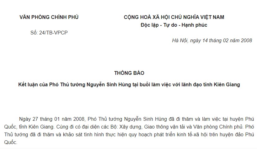 Thông báo 24/TB-VPCP của Văn phòng Chính phủ về kết luận của Phó Thủ tướng Nguyễn Sinh Hùng tại buổi làm việc với lãnh đạo tỉnh Kiên Giang