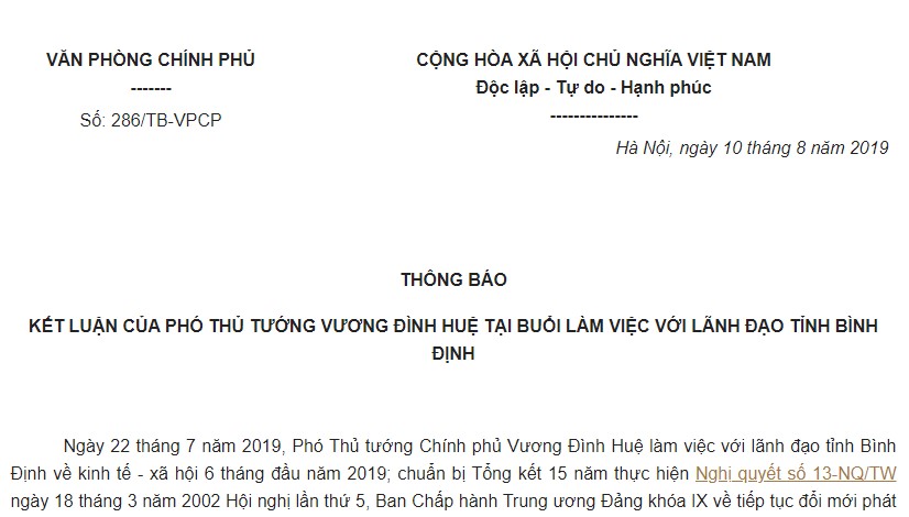 Thông báo 286/TB-VPCP 2019 kết luận của Phó Thủ tướng tại buổi làm việc với tỉnh Bình Định