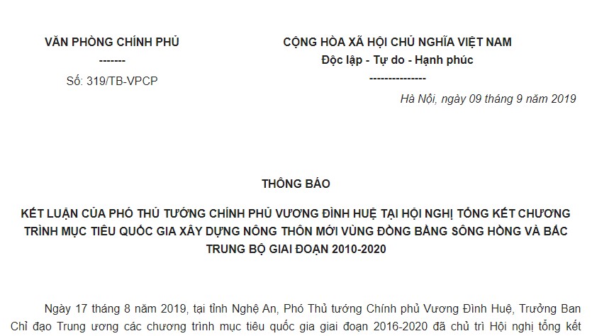 Thông báo 319/TB-VPCP 2019 tổng kết xây dựng nông thôn mới vùng Đồng bằng sông Hồng