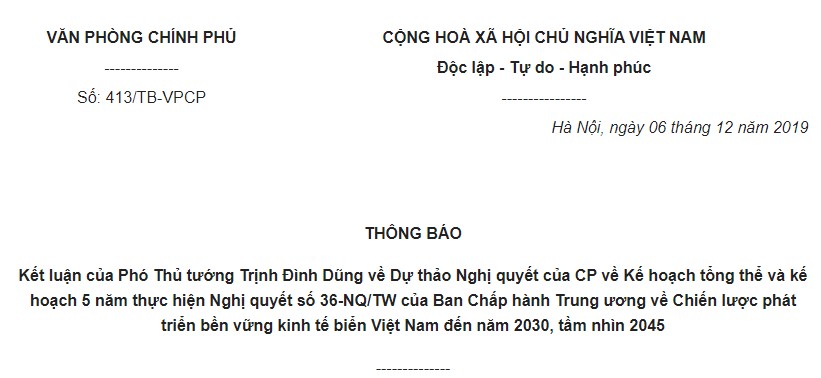 Thông báo 413/TB-VPCP 2019 kết luận về dự thảo Kế hoạch tổng thể thực hiện Nghị quyết 36-NQ/TW